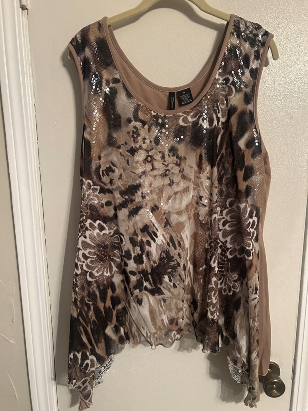 Sleeveless Sequin Floral Print Women's Top - Tan/Brown